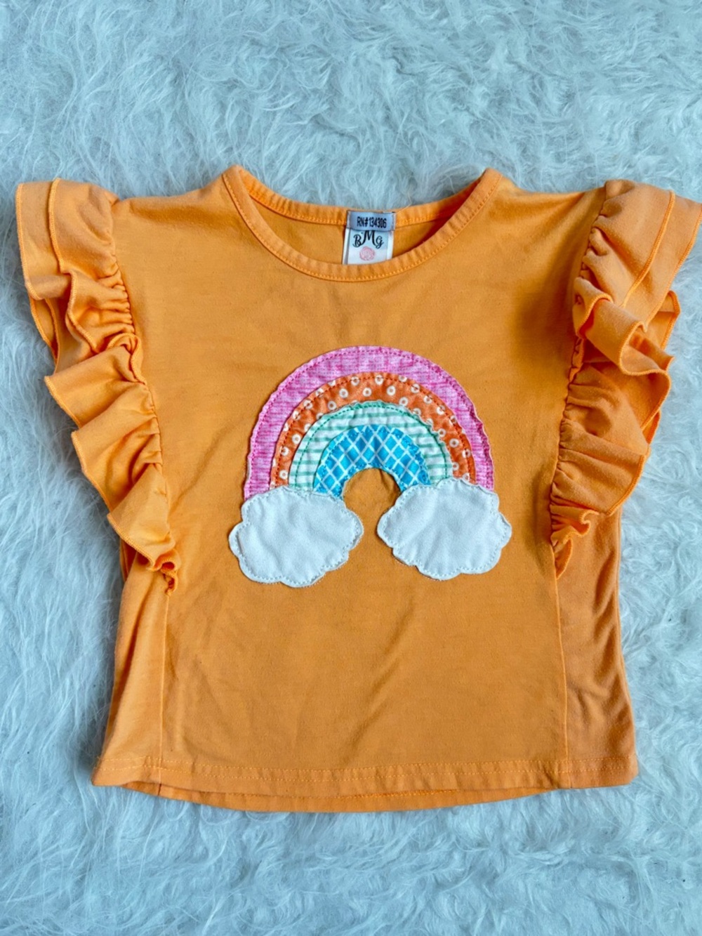 B.M.G Boutique Girls' Bright Orange Rainbow Appliqué Ruffle Sleeve Tee